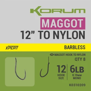 Carlige Legate Korum Xpert Maggot Barbless Hooks to Nylon Nr.16, 30cm, 0.15mm, 4lb, 8buc/pac